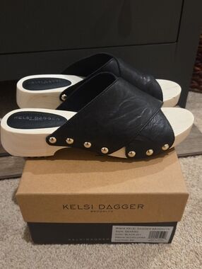 Kelsi Dagger Black Leather Studded Wood-Platform Slides- NWT